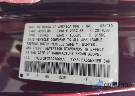 2010 Honda Accord 2.4 Lx z USA, uszkodzony, nr VIN 1HGCP2F35AA100971